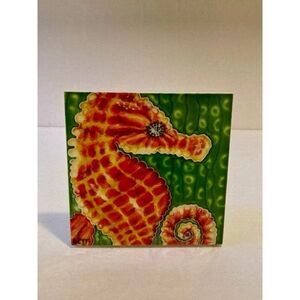 Seahorse Hand Painted 3D Ceramic Tile Fiberboard Back, Wood Stand, Artist Signed